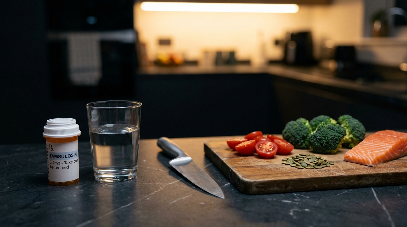Kitchen counter with medication bottle and prostate-support ingredients